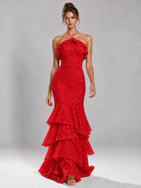Halter Tiered Mermaid Prom Dress with Sparkly Lace