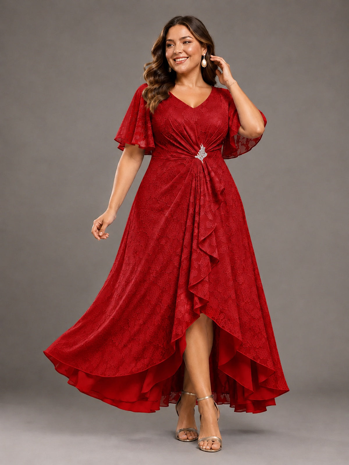 Jacquard Chiffon A-Line V-Neck High-Low Mother of the Bride Dress