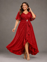 Jacquard Chiffon A-Line V-Neck High-Low Mother of the Bride Dress