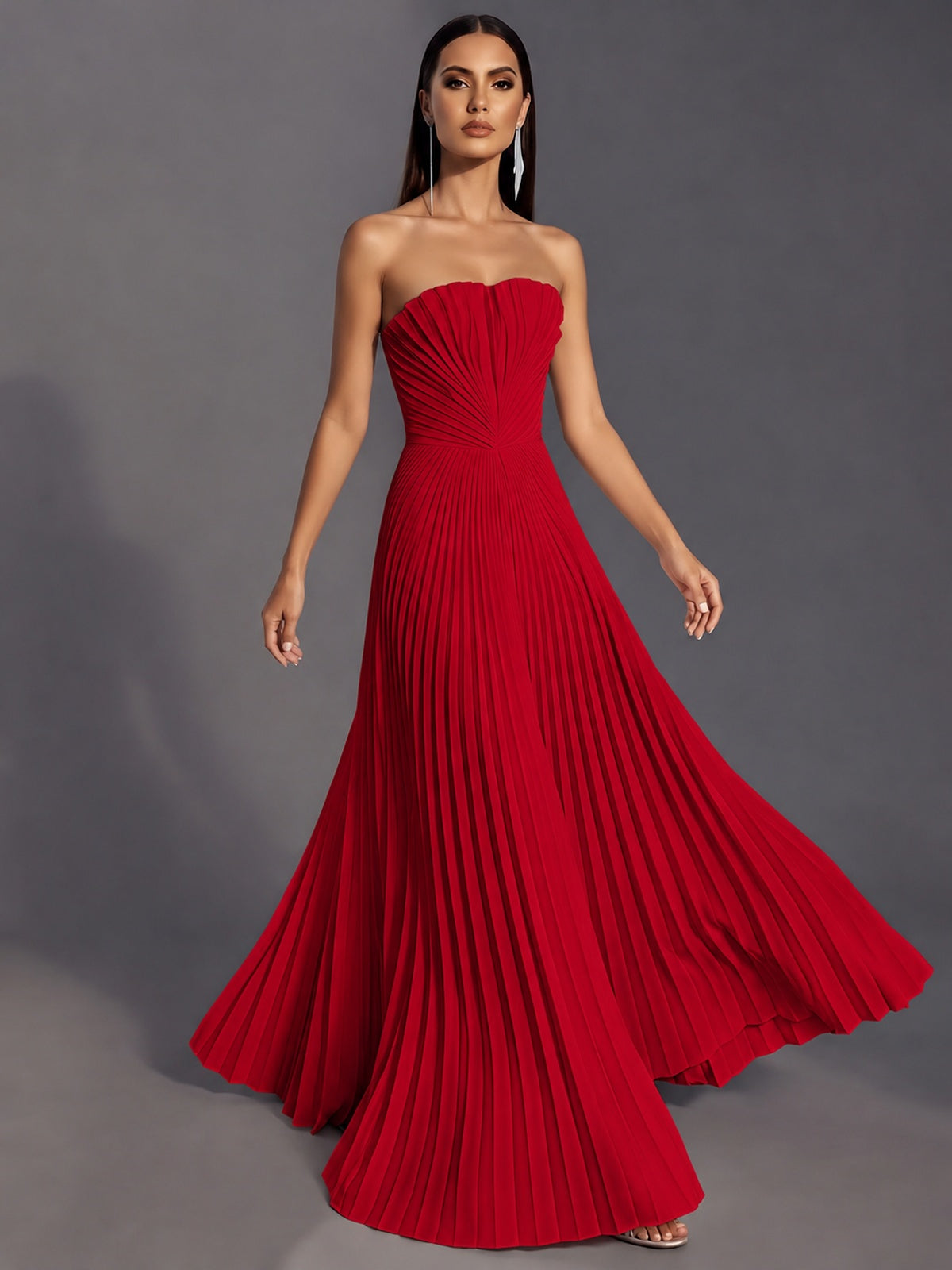 Strapless A-line Long Pleated Satin Prom Dress
