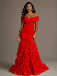 Pink Off-the-Shoulder Mermaid Prom Dress with Ruffles 3D Flowers