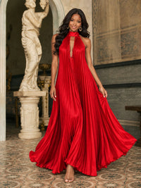 Rust Orange Pleated Halter Neck Maxi Dress