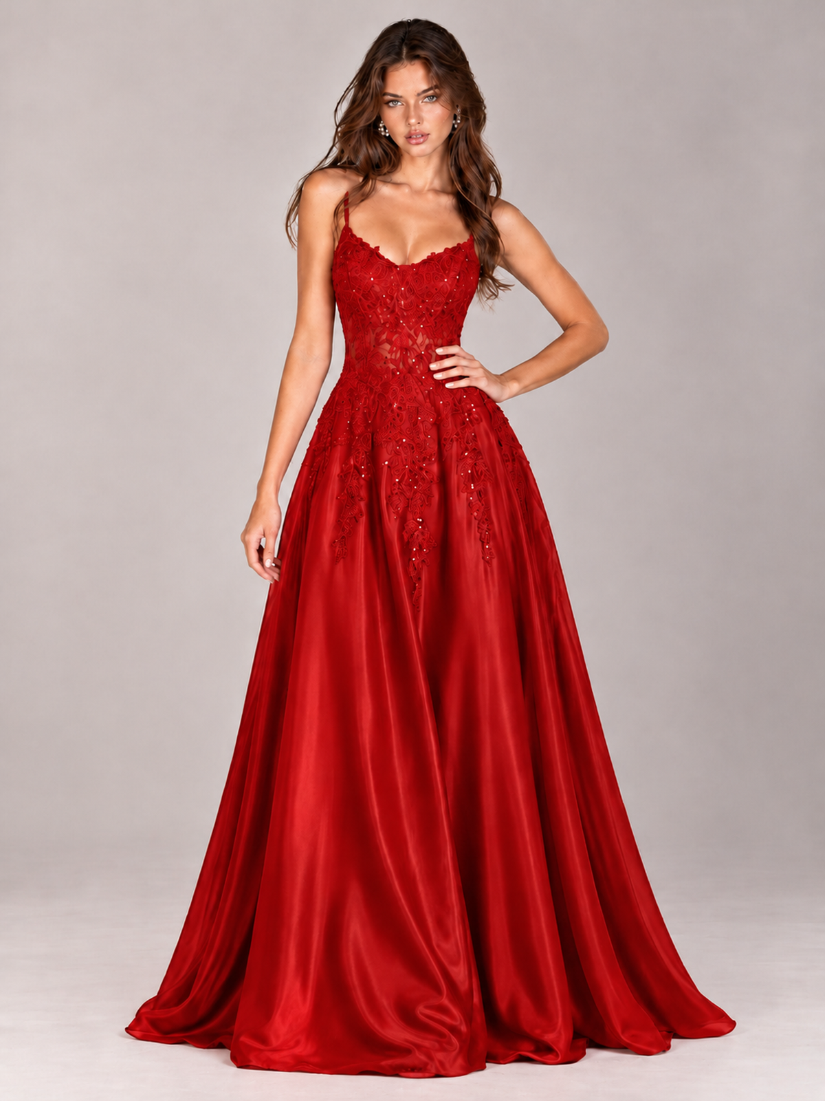 Lace Applique Satin A-Line Prom Dress with Sheer Bodice