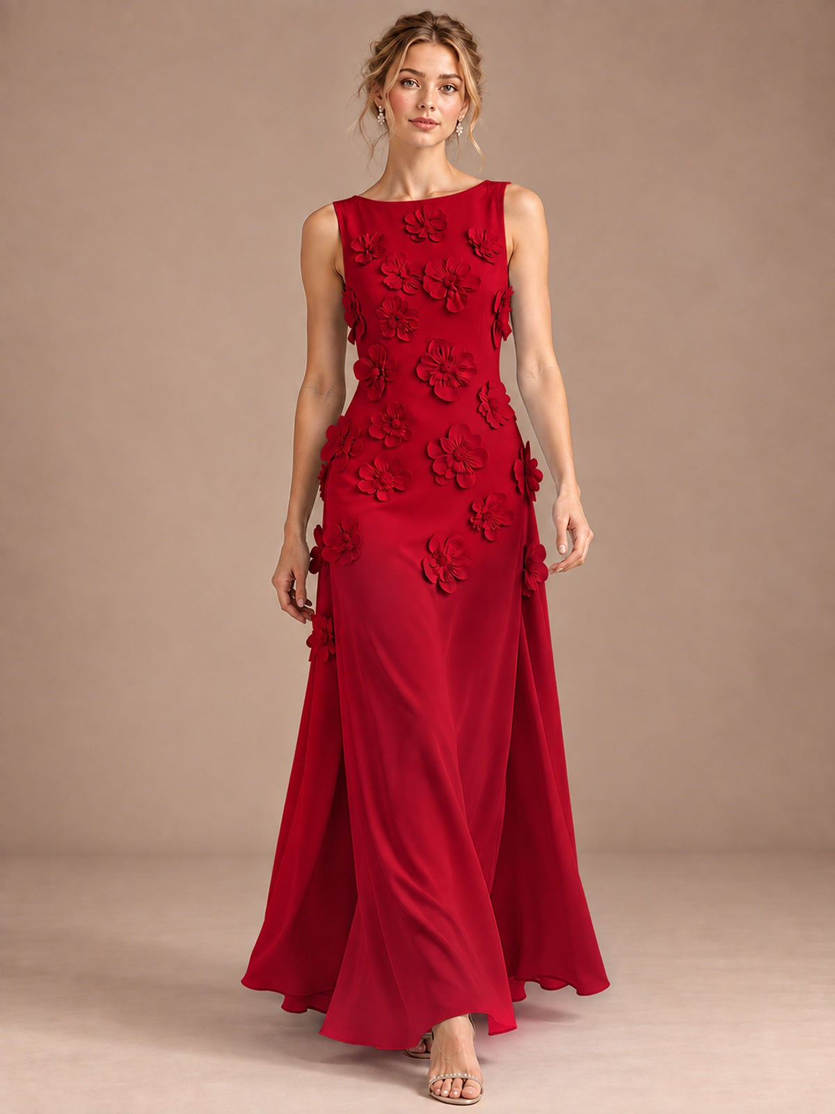 3D Floral Applique Sleeveless Formal Maxi Dress