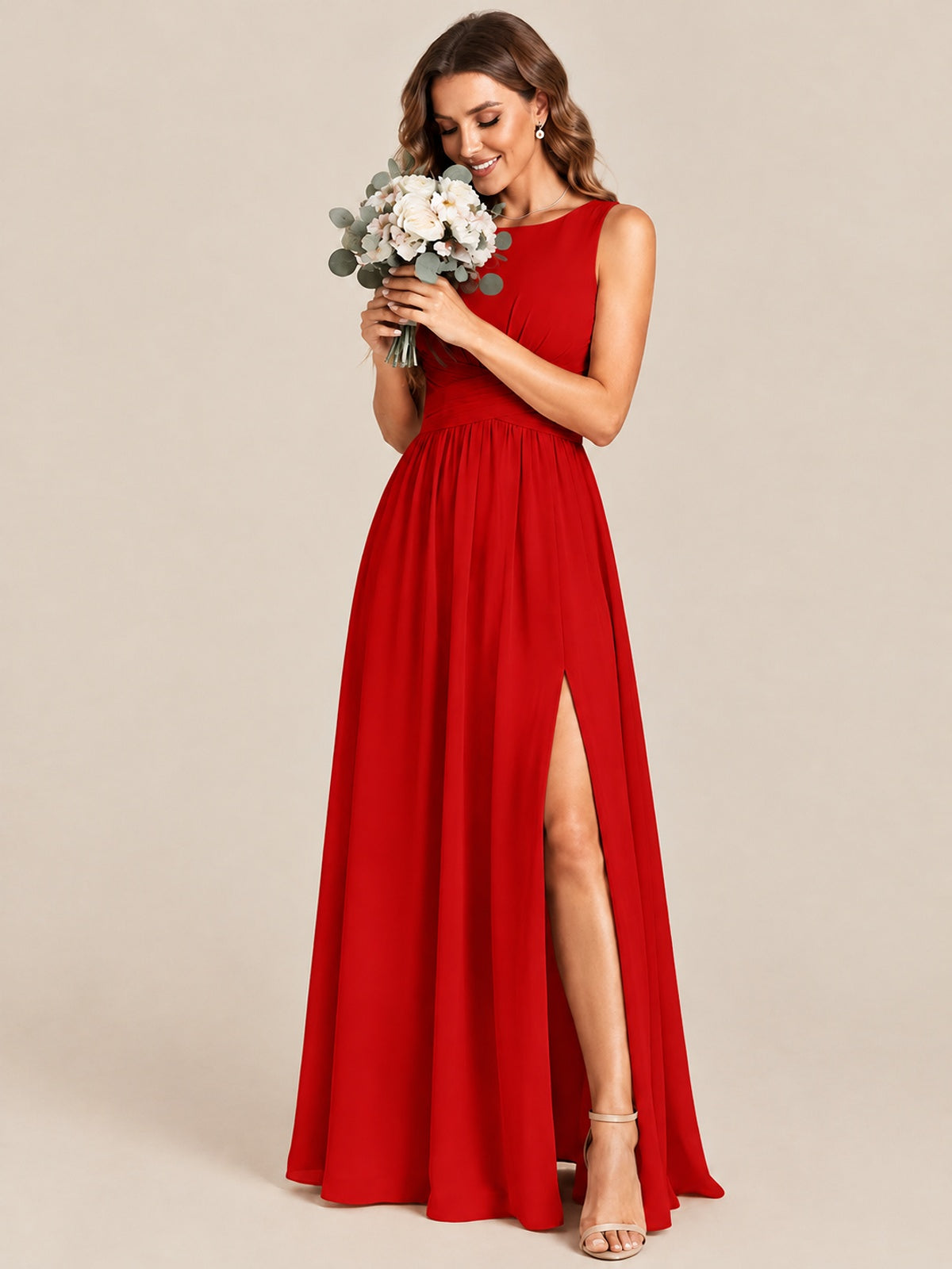 A-line Sleeveless Rucehd Chiffon Bridesmaid Dress with High Slit