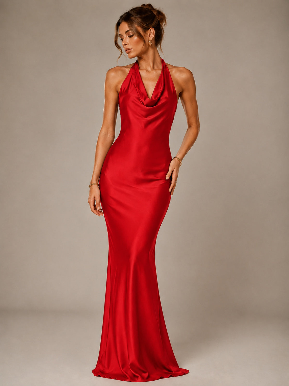 Olive Green Halter Satin Mermaid Maxi Dress