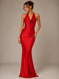 Olive Green Halter Satin Mermaid Maxi Dress
