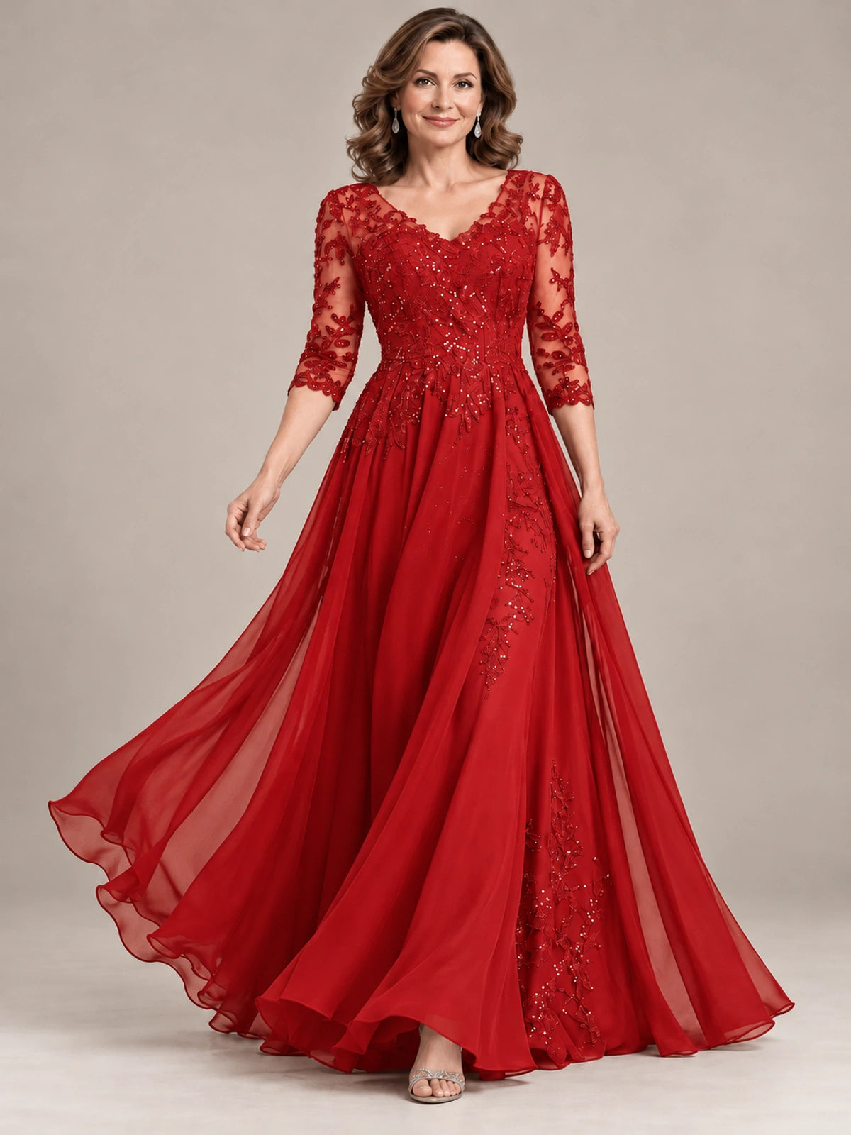 Sequin Lace A-Line Mother of the Bride Dress with 3/4 Sleeves