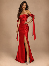 Off The Shuolder Satin Prom Dress Slit Mermaid Formal Gowns