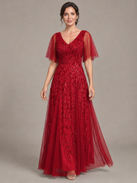V-Neck Sequin Tulle Mother of the Bride Dress with Flutter Sleeve
