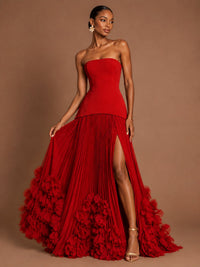 Strapless Pleated Floral Satin Formal Dress with Side Slit