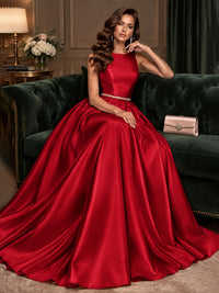 Satin A-Line Prom Dress Sleeveless Beaded Waist Formal Gown with Pockets