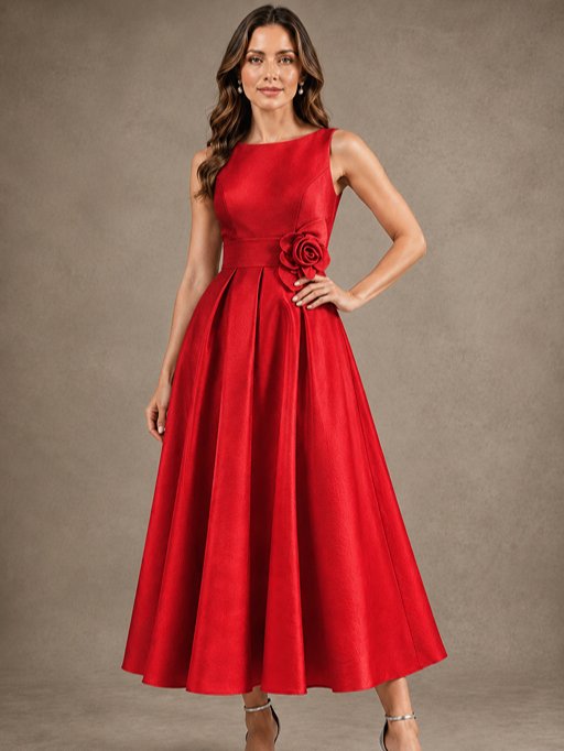 Tea-Length Satin Mother of the Bride Dress with 3D Flower Detail
