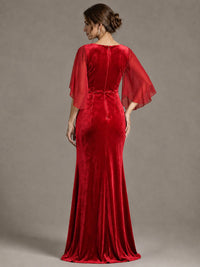 Navy Blue Velvet V Neck Mermaid Formal Dress with Flutter Cape Sleeves