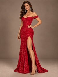 Off the Shoulder Corset Sequin Mermaid Prom Dress with Slit