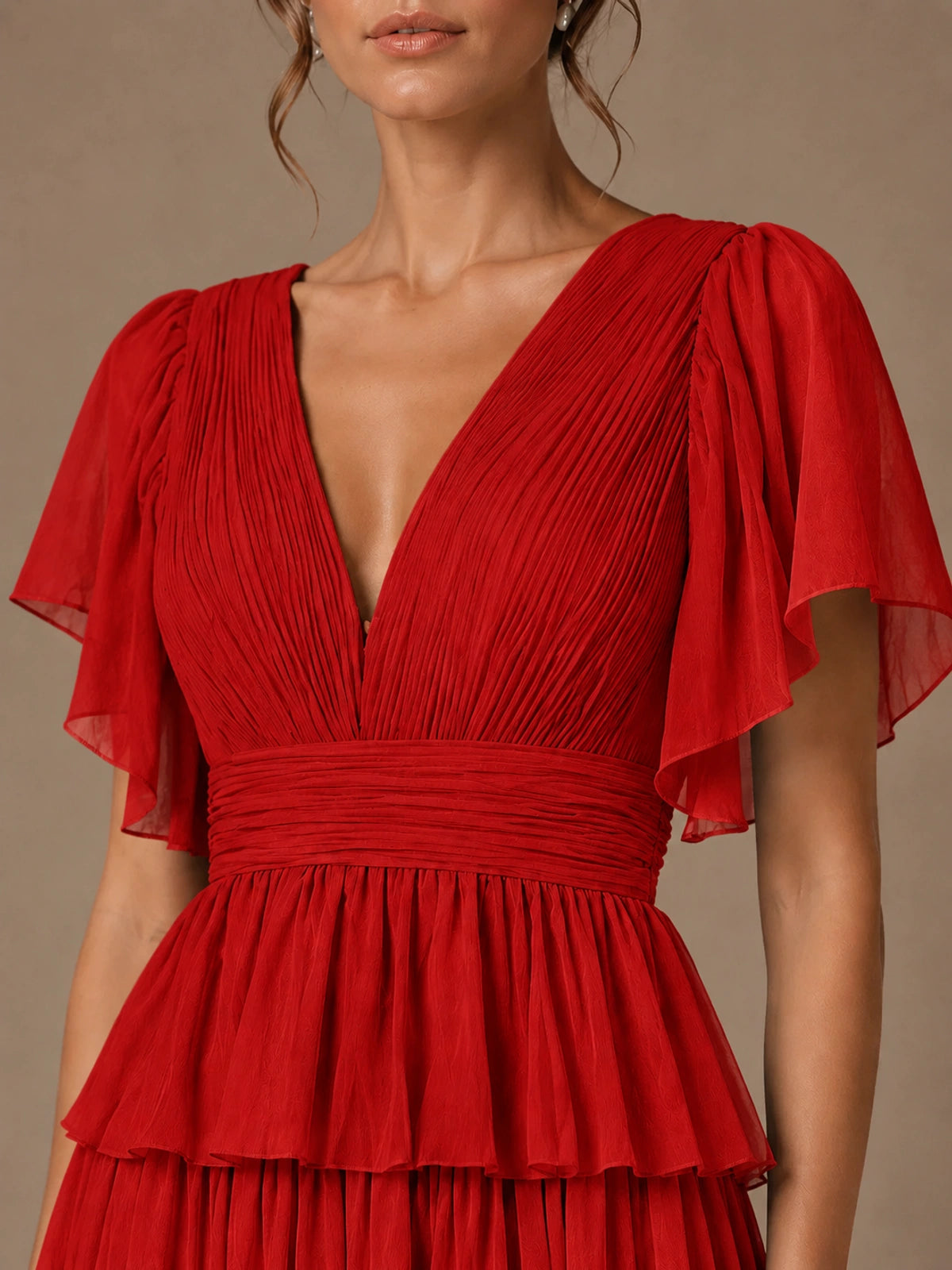 Chiffon V-Neck Tiered Ruffle Bridesmaid Dress with Slit