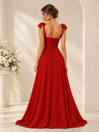 Ruffle Slit Chiffon A Line Scoop Neck Bridesmaid Dresses with Pockets