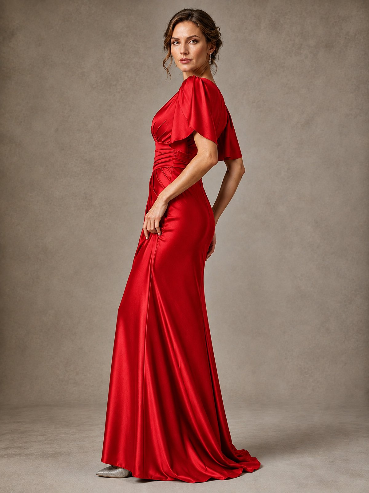 V-Neck Satin Mother of the Bride Dress with Flutter Sleeves
