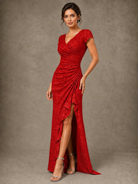 V-Neck Floral Jacquard Mother of the Bride Dress with Slit