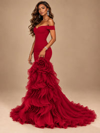 Dusty Blue Off-the-Shoulder Mermaid Prom Dress with 3D Rose & Ruffles