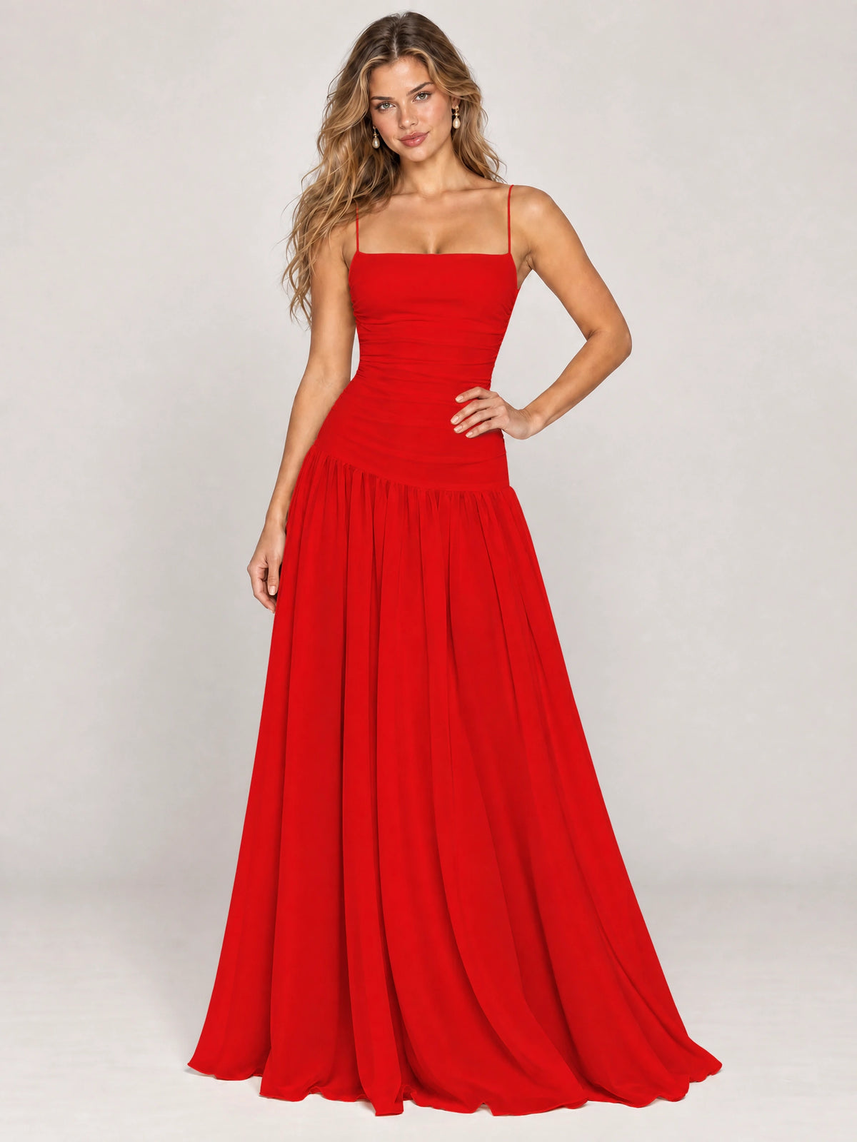 Butter Yellow Ruched Spaghetti Strap Drop-Waist Prom Dress