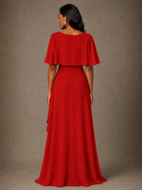 Taupe Chiffon A-Line Mother of the Bride Dress with Cape Sleeves