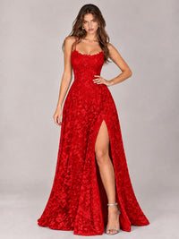 Floral Lace A-Line Prom Dress with Spaghetti Straps & High Slit
