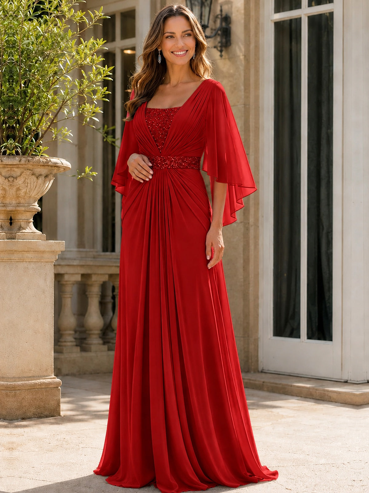 Elegant V-Neck Sequined Chiffon Mother of the Bride Dress with Flutter Sleeves