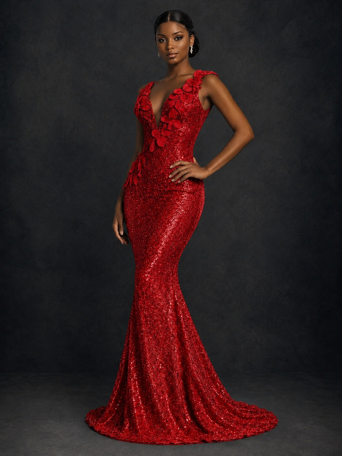 Gold Sequin Floral Applique Mermaid Prom Dress