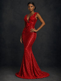 Gold Sequin Floral Applique Mermaid Prom Dress