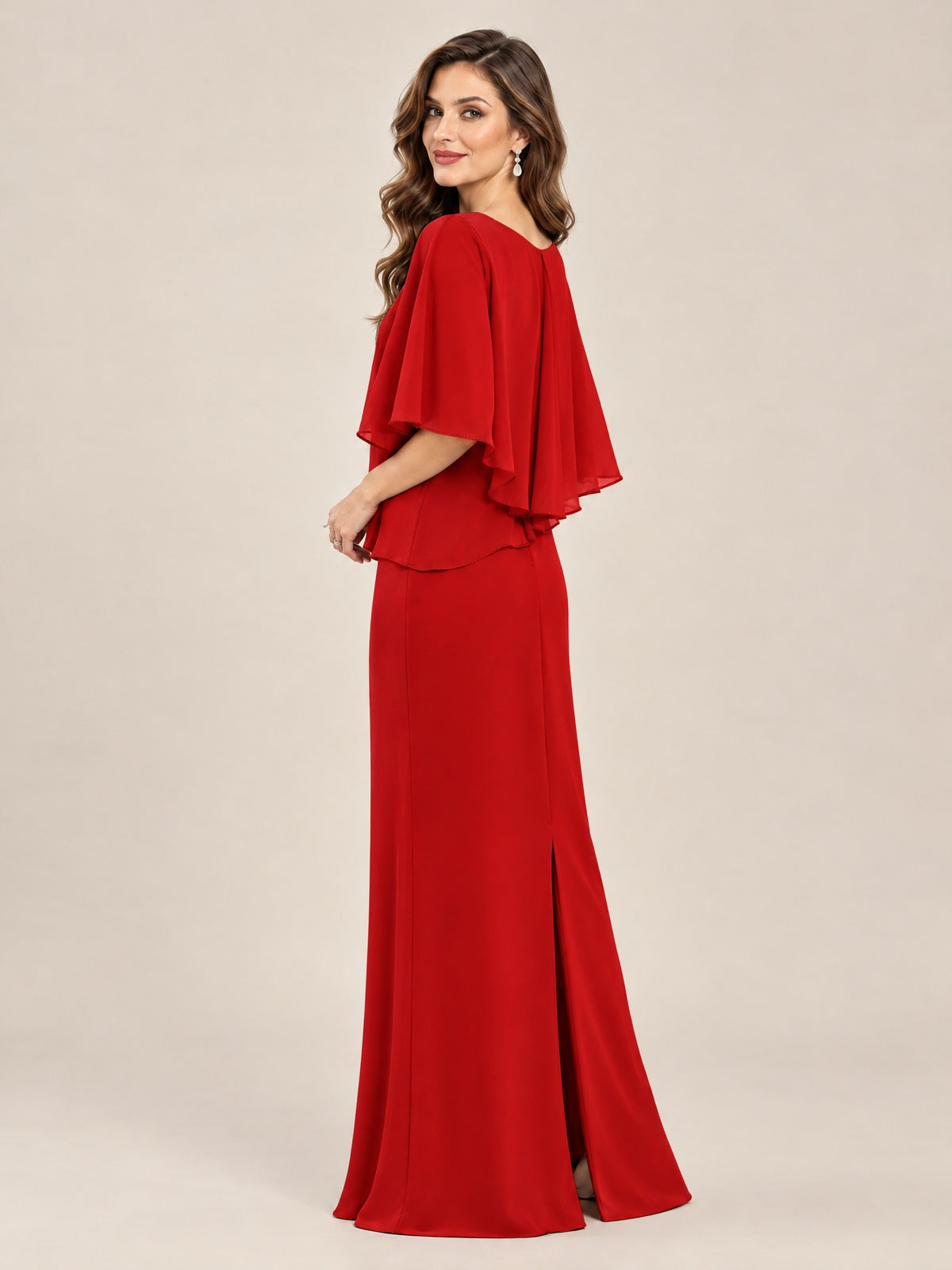 Cape Sleeve Mother of the Bride Dress with Asymmetrical Overlay