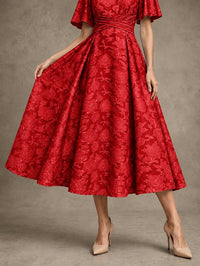 V-Neck Floral Jacquard Tea-Length Mother of the Bride Dress