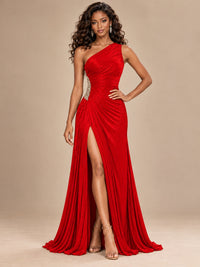 Burgundy One Shoulder Ruched Prom Dress with High Slit & Beaded Waist