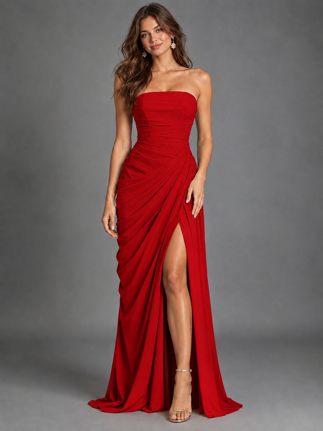 Strapless Bodycon Pleated Chiffon Formal Dress with Slit