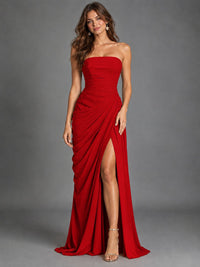 Strapless Bodycon Pleated Chiffon Formal Dress with Slit
