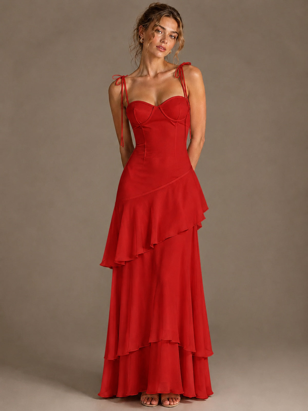 Spaghetti Strap Tiered Ruffles Chiffon Prom Dress
