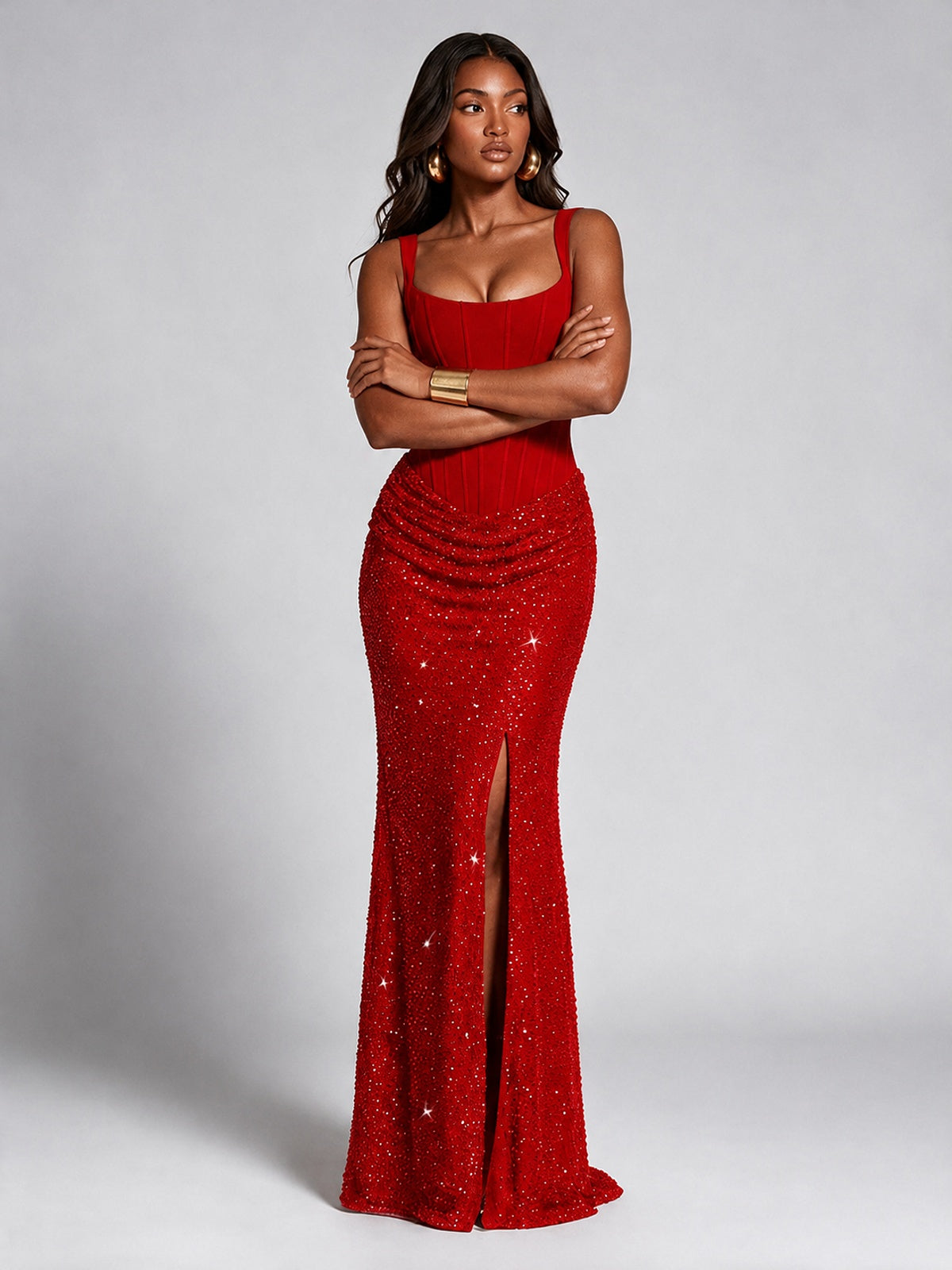 Sequin Corset Mermaid Prom Dress with Square Neck Wide Strap High Slit