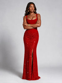 Sequin Corset Mermaid Prom Dress with Square Neck Wide Strap High Slit