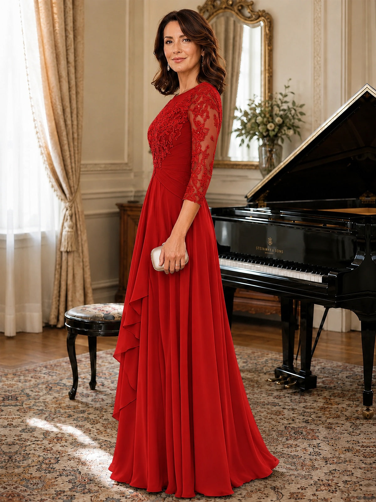 A-Line Chiffon Mother of the Bride Dress with Floral Applique 3/4 Sleeves