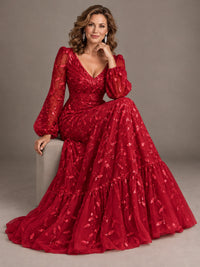 Floral Sequin Embroidered A-Line Mother of the Bride Dress with Long Sleeves