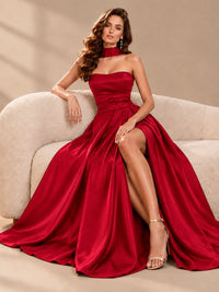 Strapless Prom Dress Side High Slit A-line Formal Dress with Scarf