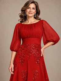 A-Line Mother of the Bride Dress with Sheer Puff Sleeves
