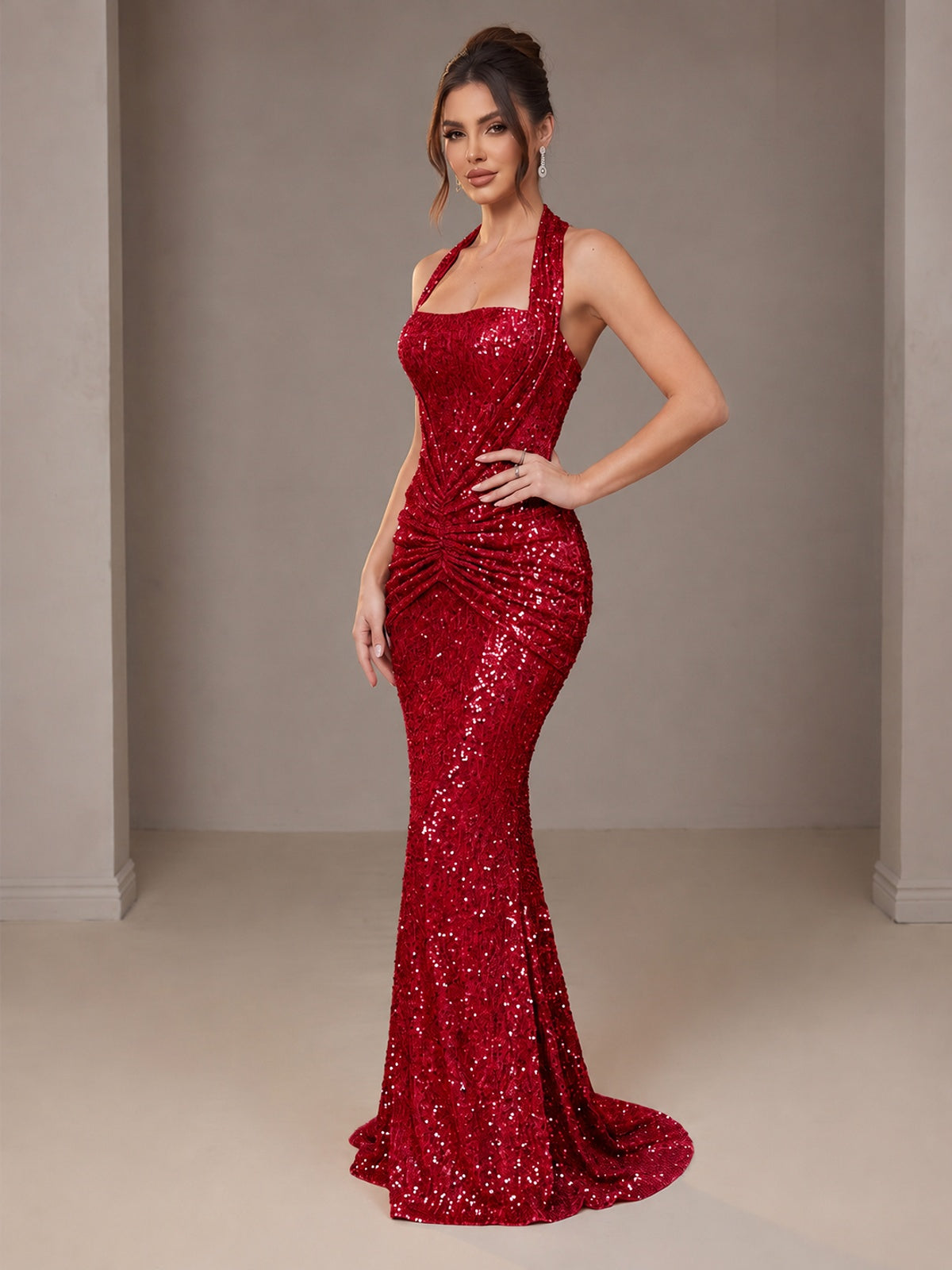 Gold Halter Sequin Mermaid Ruched Prom Dress Long Ruched Evening Gown