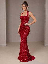 Gold Halter Sequin Mermaid Ruched Prom Dress Long Ruched Evening Gown