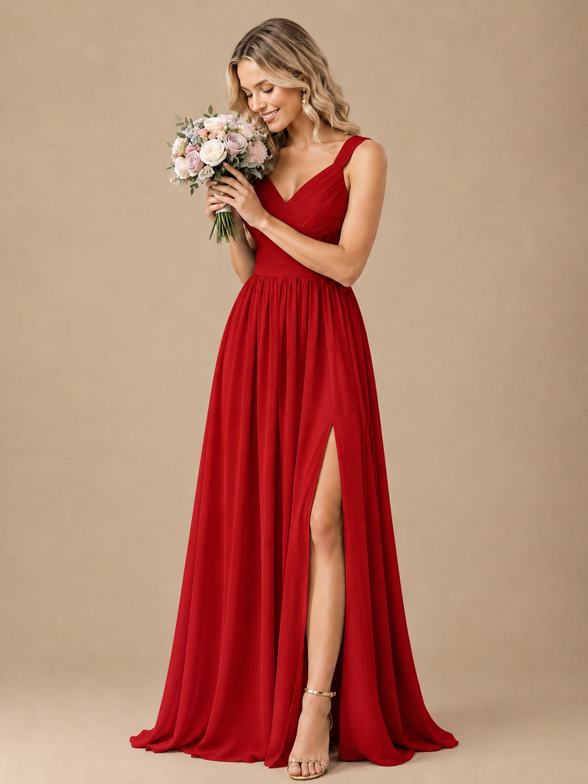 Pleated Chiffon V Neck Wedding Bridesmaid Dresses Floor Length with Slit