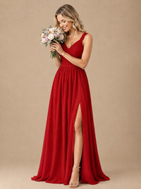 Pleated Chiffon V Neck Wedding Bridesmaid Dresses Floor Length with Slit