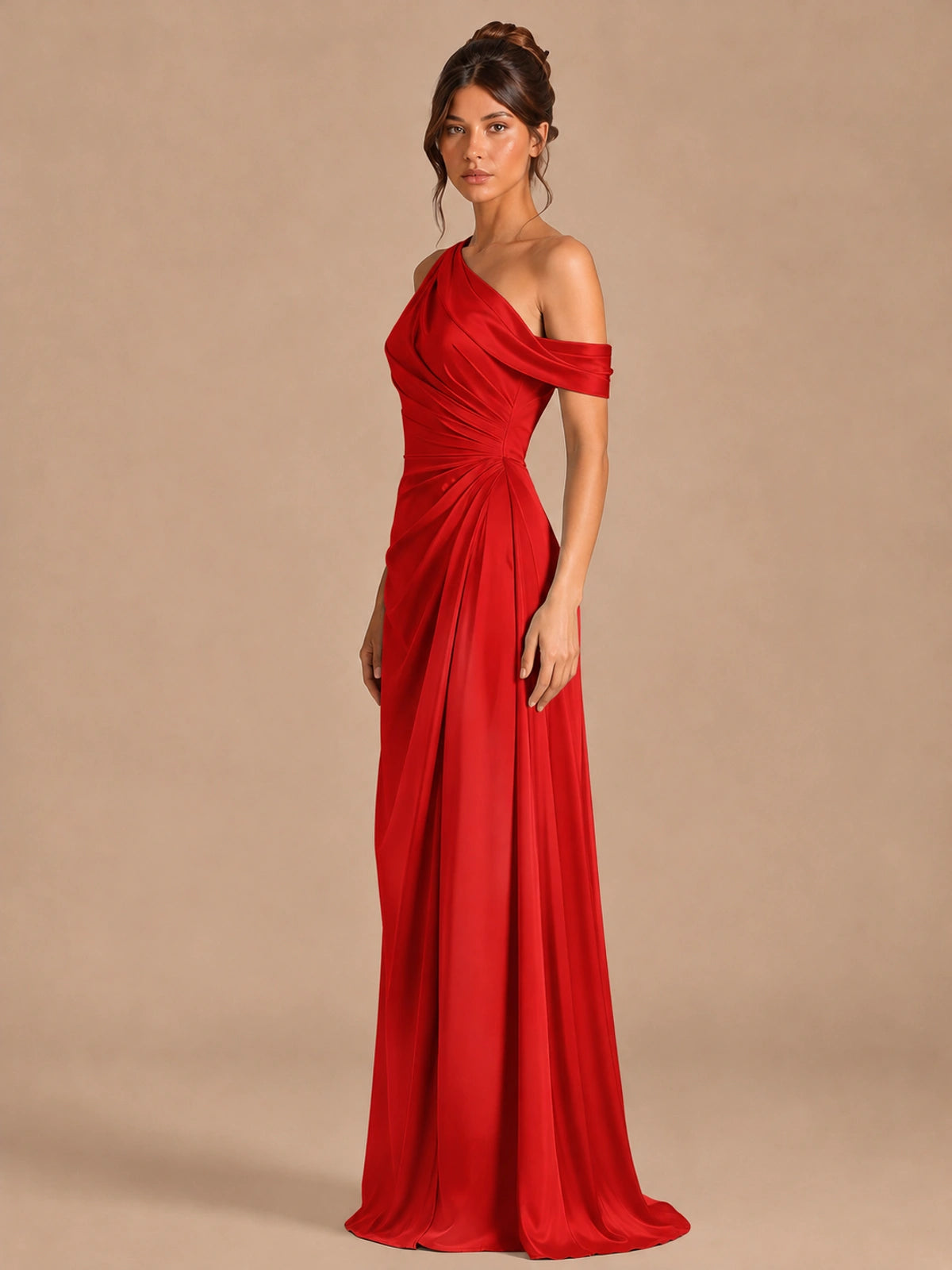 Satin One Shoulder Prom Dress Ruched Long Formal Evening Gown