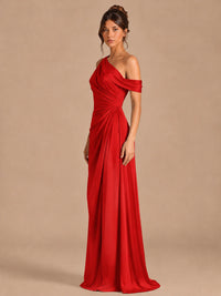 Satin One Shoulder Prom Dress Ruched Long Formal Evening Gown
