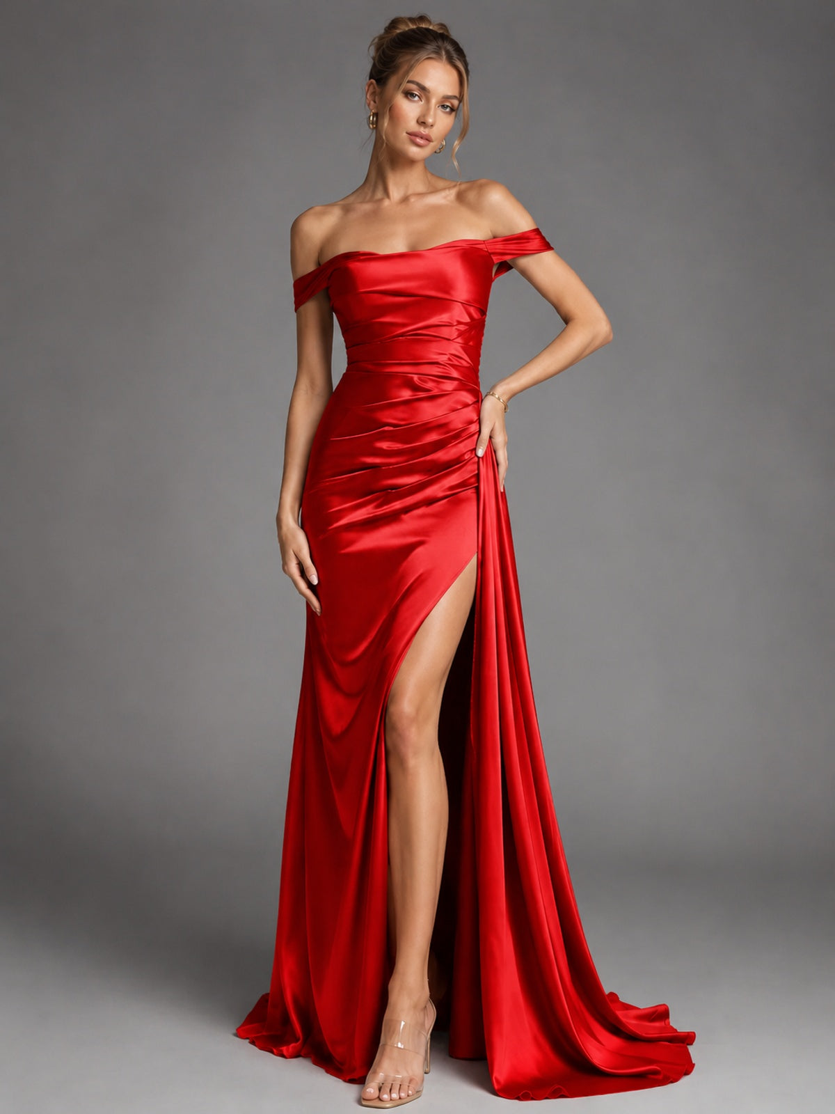 Off Shoulder Satin Maxi Dress with Slit