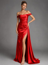Off Shoulder Satin Maxi Dress with Slit